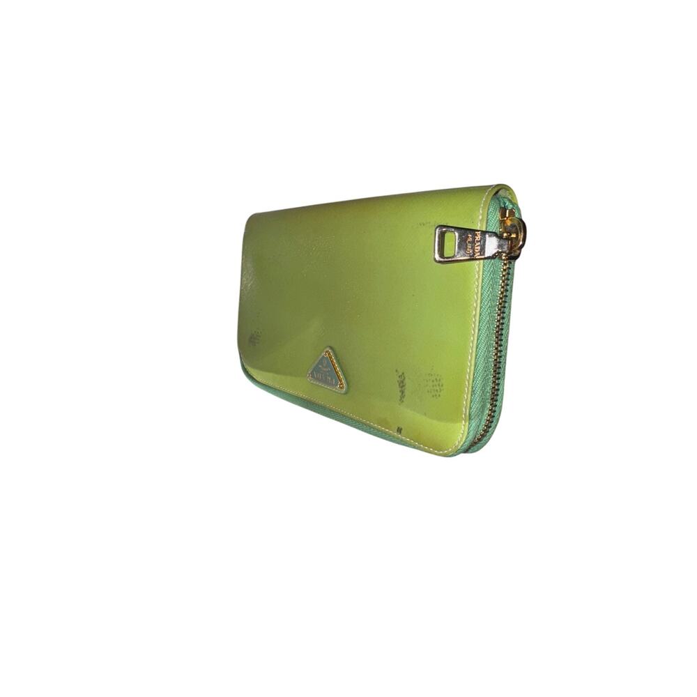 PRADA Saffiano Patent Leather Zip-Around Wallet in Apple / Mint Green - Picture 3 of 11